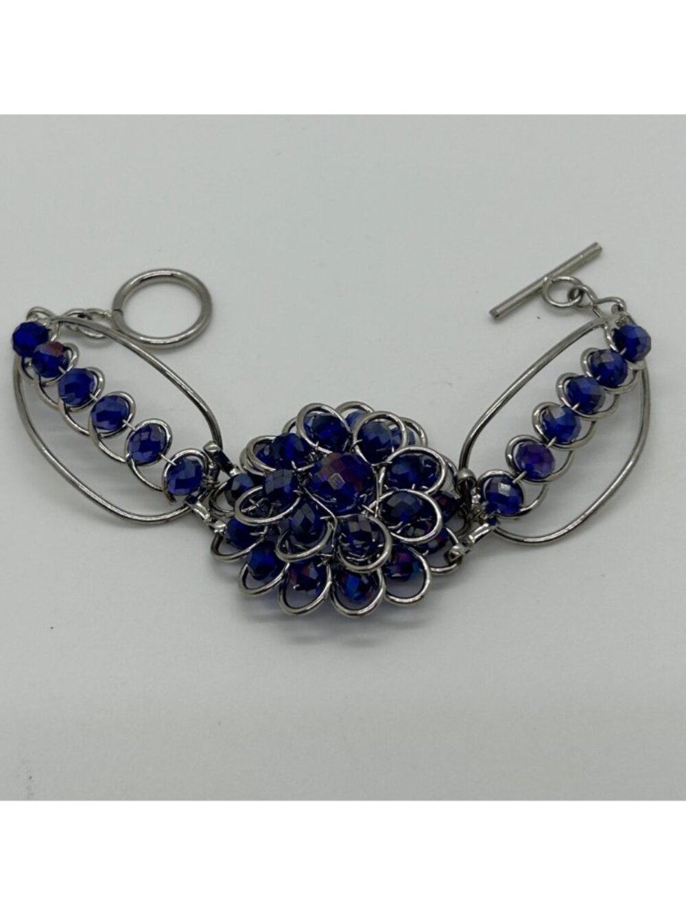 Handcrafted Silver-Tone Blue Rhinestone Crystal Floral Rosette Toggle Clasp Stat - Picture 12 of 12